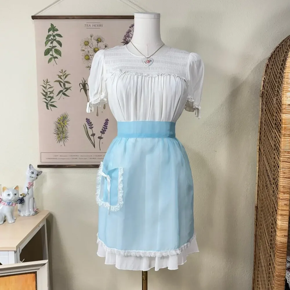 Vintage Sheer Blue Lace Pocket Half Hostess Apron Dolly Coquette Romantic XS S
